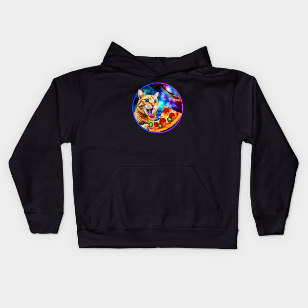 Funny Orange Cat eating Pizza in Space Kids Hoodie by dukito